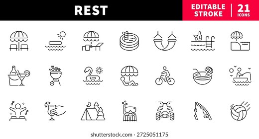 Conjunto de iconos de línea editable de descanso y relajación. símbolos de vacaciones y ocio