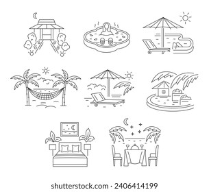 Rest in the resort and in the hotel. Night for two, sun lounger by the pool, evening romantic dinner, summer vacation. Linear icons on a white background.