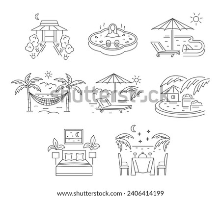 Rest in the resort and in the hotel. Night for two, sun lounger by the pool, evening romantic dinner, summer vacation. Linear icons on a white background.