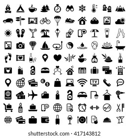 rest restaurant travel tourism camping expedition hotel summer 100 icon big simple vector black icons set