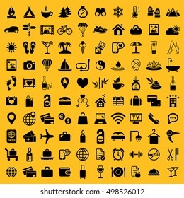 rest restaurant travel tourism camping expedition hotel summer 100 icon big black simple vector icons set on yellow background