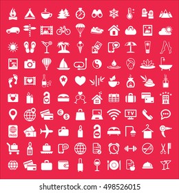 rest restaurant travel tourism camping expedition hotel summer 100 icon big white simple vector icons set on red background