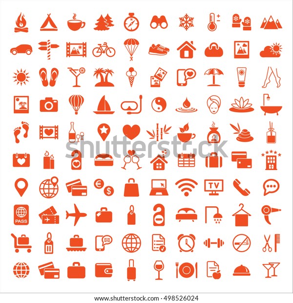 rest restaurant travel tourism camping\
expedition hotel summer 100 icon big orange simple vector icons set\
on white background