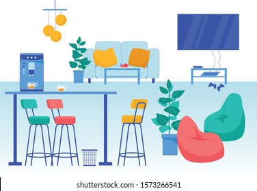 Rest Room Interior in Business Office Coworking Space. Living Room at Home Apartment. Lounge Zone. Comfortable Soft Furniture. Coffee Machine, Video Game Consol. Vector Cartoon Illustration