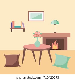 rest room with pillows table bookshelf lamp chimney