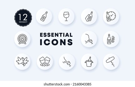 Rest set icon. Alcohol, wine, champagne, cognac, booze, corkscrew, glass, cannabis, marijuana, degree. Celebration concept. Neomorphism style. Vector line icon for Business and Advertising