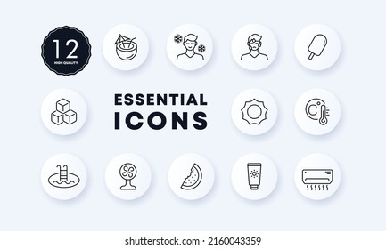 Rest set icon. Ice cream, air conditioner, drink, lemonade, swimming pool, sunblock, watermelon, temperature. Summer concept. Neomorphism style. Vector line icon for Business and Advertising