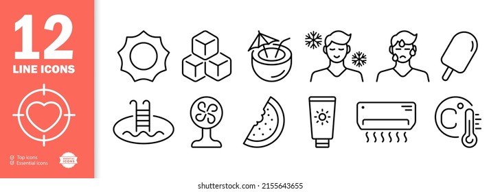 Rest Set Icon. Sun, Ice, Cocktail, Lemonade, Heat, Sweat, Ice Cream, Swimming Pool, Fan, Watermelon, Air Conditioning, Watermelon, Etc. Summer Concept. Vector Line Icon For Business And Advertising