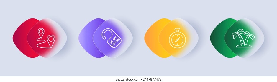 Rest set icon. Travel, vacation, clock, time, stopwatch, do not disturb icon, landscape, hotel, tropics, palm trees, trees, path, gradient. Tourism and wandering concept. Glassmorphism style.