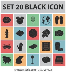Rest and sleep black icons in set collection for design. Accessories and comfort vector symbol stock web illustration.