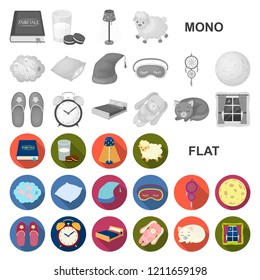 Rest and sleep flat icons in set collection for design. Accessories and comfort vector symbol stock web illustration.