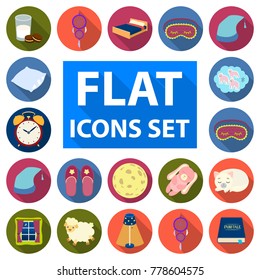 Rest and sleep flat icons in set collection for design. Accessories and comfort vector symbol stock web illustration.
