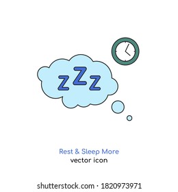 Rest and sleep more icon. Sleeping problems sign. Sleeping disorder, nightmare, sleeplessness pictogram. Medical, healthcare, healthy lifestyle concept. Editable vector illustration in bright colors.