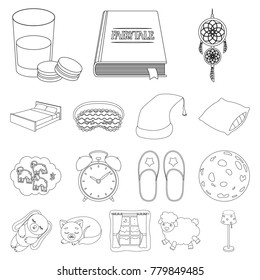 Rest and sleep outline icons in set collection for design. Accessories and comfort vector symbol stock web illustration.