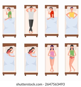 Descanse e durma. Personagens vetoriais de jovens deitados de lado ou de volta na cama. Ilustração de desenho animado da cena do quarto com roupa de cama, travesseiro, cochilo tranquilo e pose de relaxamento.

