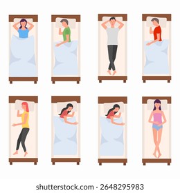 Descanse e durma. Personagens vetoriais de jovens deitados de lado ou de volta na cama. Ilustração de desenho animado da cena do quarto com roupa de cama, travesseiro, cochilo tranquilo e pose de relaxamento.

