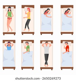 Descanse e durma. Personagens vetoriais de jovens deitados de lado ou de volta na cama. Ilustração de desenho animado da cena do quarto com roupa de cama, travesseiro, cochilo tranquilo e pose de relaxamento.

