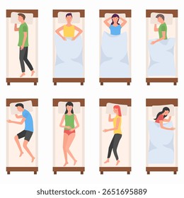 Descanse e durma. Personagens vetoriais de jovens deitados de lado ou de volta na cama. Ilustração de desenho animado da cena do quarto com roupa de cama, travesseiro, cochilo tranquilo e pose de relaxamento.

