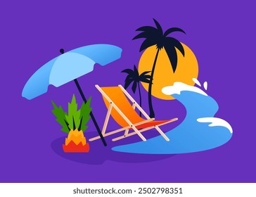 Rest in a sun lounger - modern colored vector illustration with parasol, sea wave, tropical palm trees, comfortable sunbed right on the coast. Summer resort, rest, beauty and relaxation idea