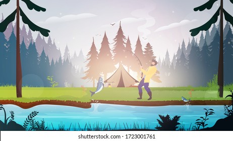 Rest with a tent in the forest. Forest with a river. A man pulls a big fish. The concept of fishing and camping. Vector.