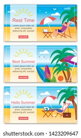 Rest Time Hello Best Summer Banner Set. Cartoon Man Sit on Beach Chair Tropical Relaxation Vector Illustration. Umbrella Surfboard Palm Tree Sea Shore Coast. Remote Work Distance Job Freelance.