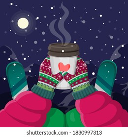 Rest time of skier with hot drink in night snowy mountain. Cozy hygge atmosphere. Two hands in knitted mittens is holding a cup. Colorful vector flat cartoon illustration.