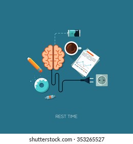 Rest time, vector brain, creative flat infographic online service apps, internet business concept vector. Design elements for web and mobile applications and workflow layout