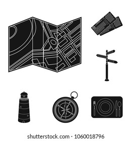 Rest and travel black icons in set collection for design. Transport, tourism vector symbol stock web illustration.