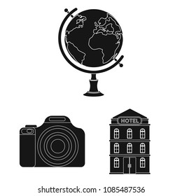 Rest and travel black icons in set collection for design. Transport, tourism vector symbol stock web illustration.