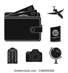 Rest and travel black icons in set collection for design. Transport, tourism vector symbol stock web illustration.