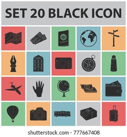 Rest and travel black icons in set collection for design. Transport, tourism vector symbol stock web illustration.