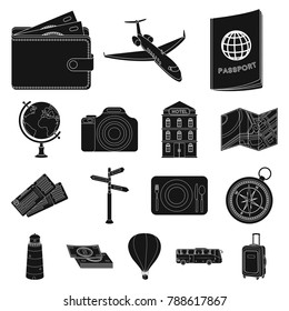 Rest and travel black icons in set collection for design. Transport, tourism vector symbol stock web illustration.