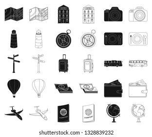 Rest and travel black,outline icons in set collection for design. Transport, tourism vector symbol stock web illustration.