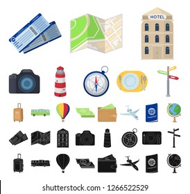 Rest and travel cartoon, black icons in set collection for design. Transport, tourism vector symbol stock web illustration.