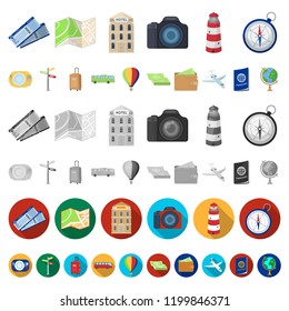 Rest and travel cartoon icons in set collection for design. Transport, tourism vector symbol stock web illustration.