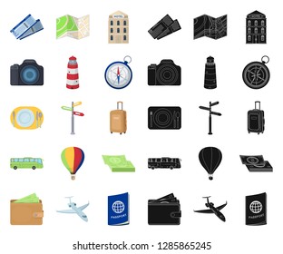 Rest and travel cartoon,black icons in set collection for design. Transport, tourism vector symbol stock web illustration.