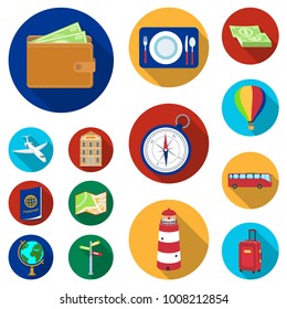 Rest and travel flat icons in set collection for design. Transport, tourism vector symbol stock web illustration.