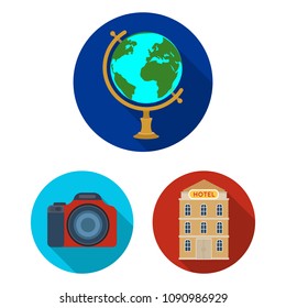 Rest and travel flat icons in set collection for design. Transport, tourism vector symbol stock web illustration.