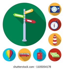Rest and travel flat icons in set collection for design. Transport, tourism vector symbol stock web illustration.