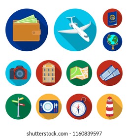 Rest and travel flat icons in set collection for design. Transport, tourism vector symbol stock web illustration.