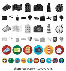 Rest and travel flat icons in set collection for design. Transport, tourism vector symbol stock web illustration.