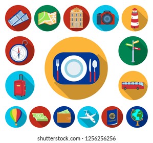 Rest and travel flat icons in set collection for design. Transport, tourism vector symbol stock web illustration.