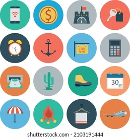 Rest and travel flat icons in set collection for design. Transport, tourism vector symbol stock web illustration.