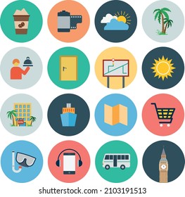 Descanse y viaje iconos planos en la colección set para el diseño. Transporte, turismo, símbolo vectorial de material gráfico web ilustración.