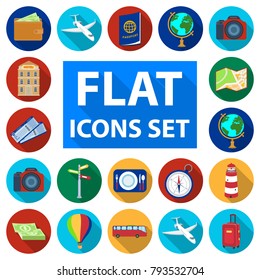 Rest and travel flat icons in set collection for design. Transport, tourism vector symbol stock web illustration.