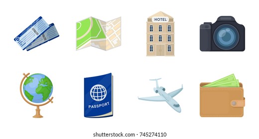 Rest and travel icons in set collection for design. Transport, tourism vector symbol stock web illustration.