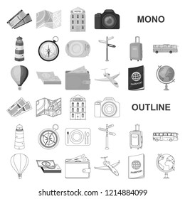 Rest and travel monochrom icons in set collection for design. Transport, tourism vector symbol stock web illustration.