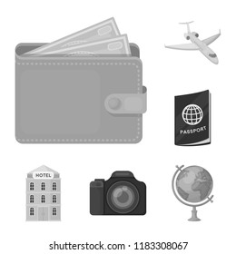 Rest and travel monochrome icons in set collection for design. Transport, tourism vector symbol stock web illustration.