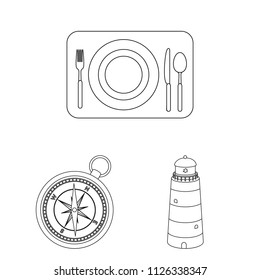 Rest and travel outline icons in set collection for design. Transport, tourism vector symbol stock web illustration.