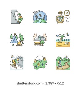 Rest and travel RGB color icons set. Types of tourism, vacation activities. Holiday adventure, seasonal trip. Active recreation. Isolated vector illustrations